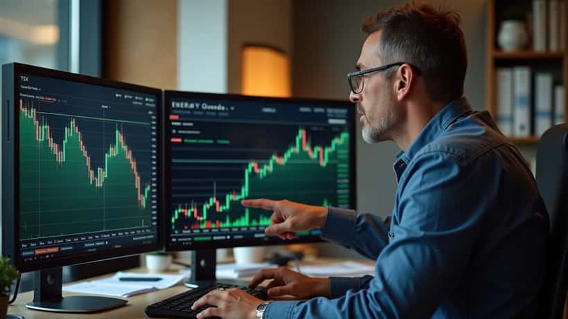 Canadian wealth advisor reviewing TSX energy stock charts in a Calgary office