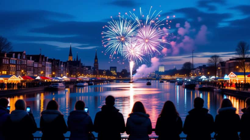 Menigte langs de Waalkade in Nijmegen wacht in de schemering op de afgelaste vuurwerkshow van de Vierdaagsefeesten