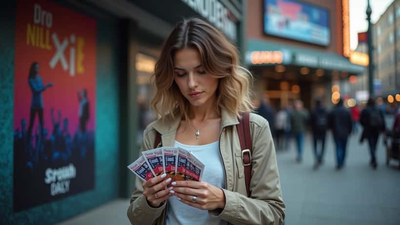 Femme tenant des billets de concert à l'extérieur d'une salle de spectacle à Toronto, Ontario