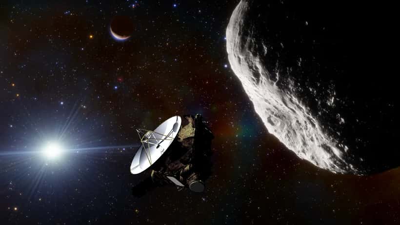 Sonda New Horizons da NASA em representação artística ao passar por Plutão no sistema solar exterior