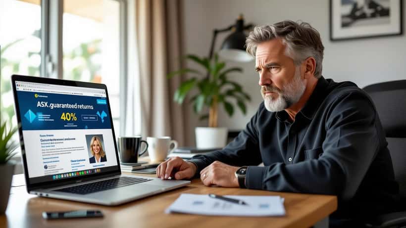Australian investor looking at suspicious investment website on laptop screen