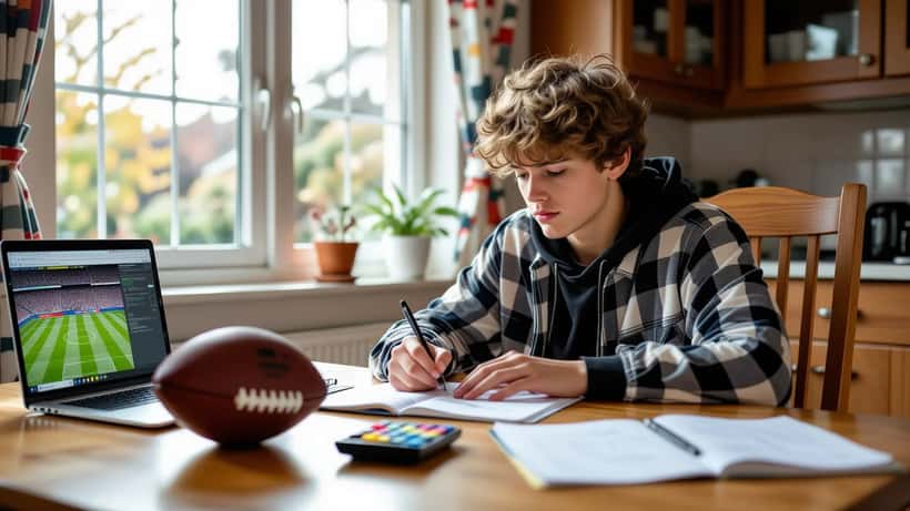 A teenage student doing maths homework at a kitchen table with a football and a laptop showing match statistics