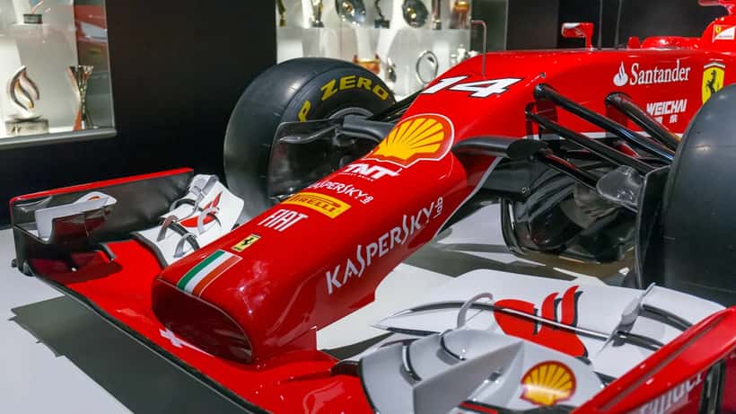 Ferrari F14 T Formula 1 front wing aerodynamic component on display at Fernando Alonso museum