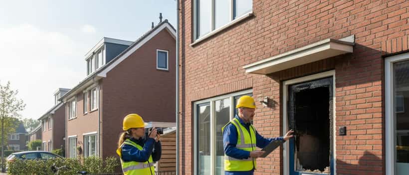 Bouwkundige inspecteert brandschade bij een voordeur van een Nederlandse woning in daglicht