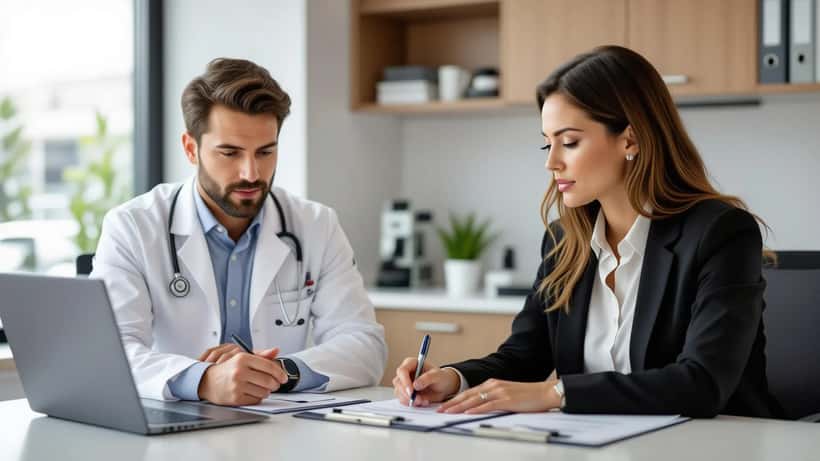 A patient discussing infectious symptoms with a physician in a modern Canadian clinic, medical charts on the desk