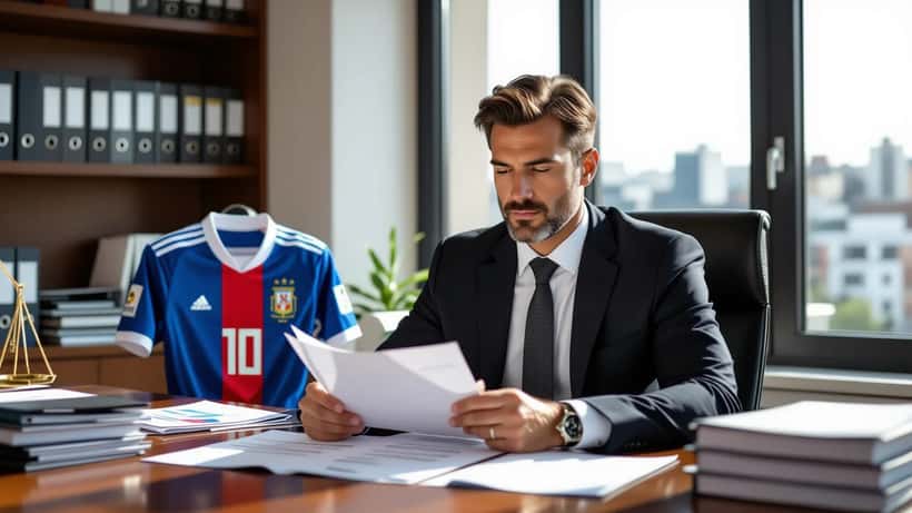 Advogado português revendo contrato de patrocínio desportivo com equipamento de futebol sobre a mesa