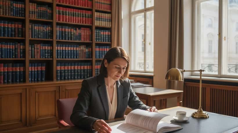 Österreichische Anwältin prüft internationalen Filmvertrag in einem Wiener Büro