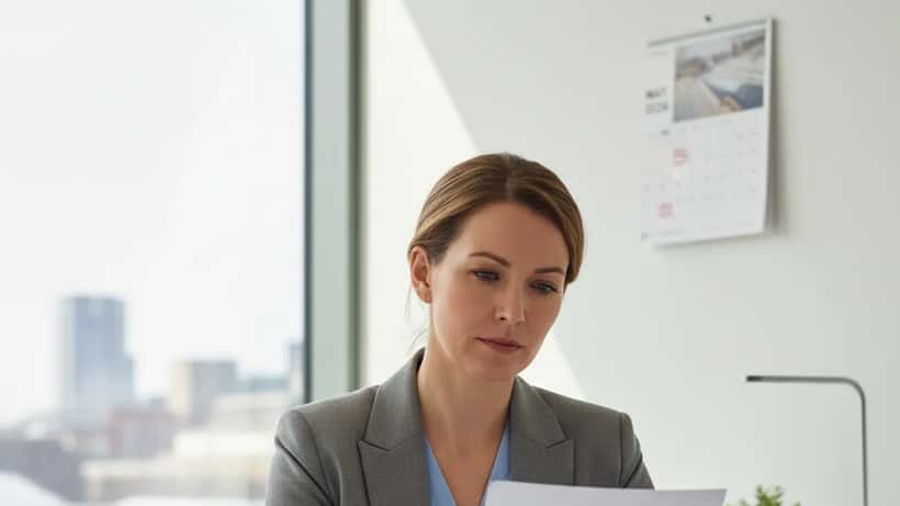 British woman reviewing employment contract at office desk