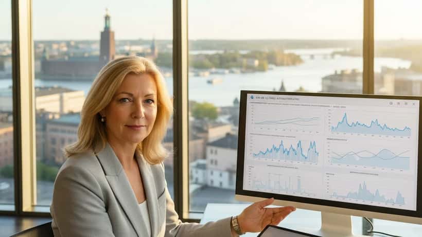 Svensk finansiell rådgivare analyserar Saab-aktien och utdelningsstrategi på sitt kontor i Stockholm