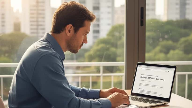 Homem consultando restituição do Imposto de Renda 2026 no computador em escritório em São Paulo
