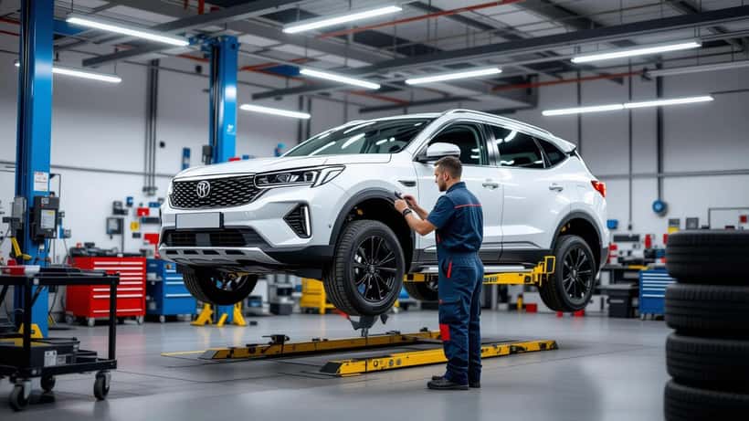 Mechanic inspecting a Chinese-branded SUV raised on a lift in a UK service garage