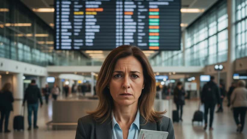 Donna italiana preoccupata in aeroporto con passaporto e smartphone, monitor partenze sullo sfondo