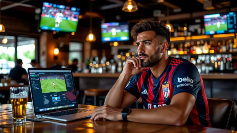Aficionado hispano del Espanyol mirando preocupado la clasificación de La Liga en una pantalla de bar en Miami