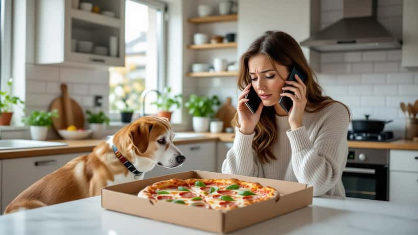 Bezorgde vrouw belt dierenarts terwijl haar hond een open pizzadoos besnuffelt in de keuken