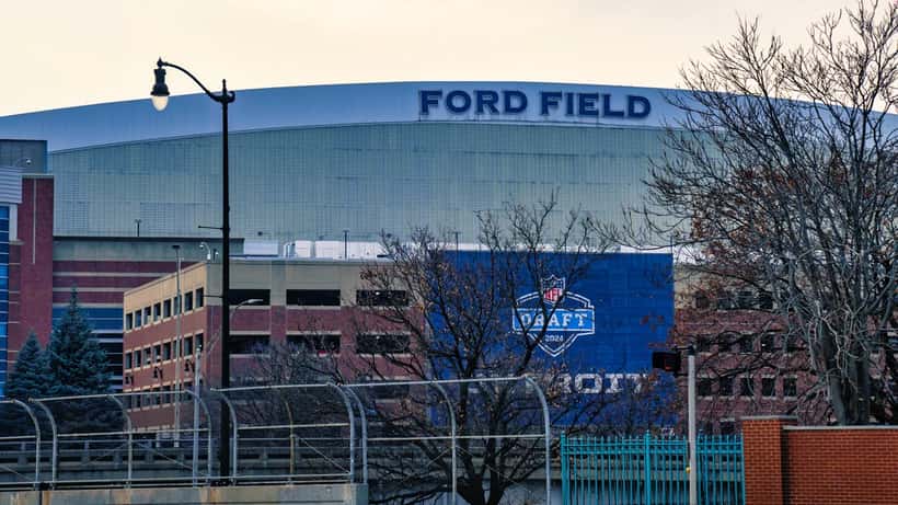 Ford Field stadium exterior in downtown Detroit, home of the Detroit Lions NFL franchise