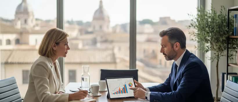 Consulente finanziario italiano che analizza grafici di investimento con un cliente