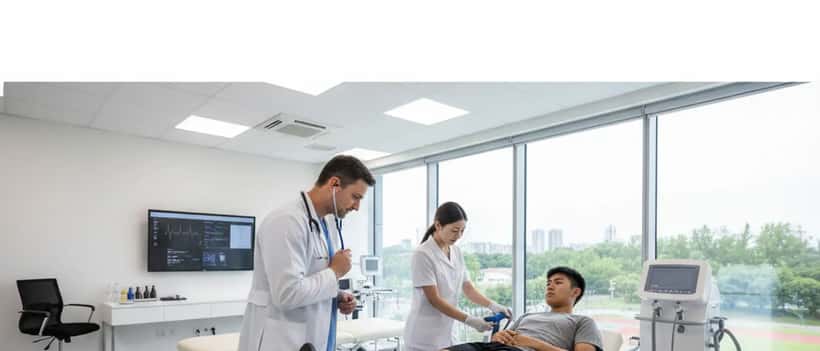 Junger Sportler in einer modernen Sportmedizin-Klinik, Arzt prüft Vitalzeichen, professionelle Genesungsumgebung