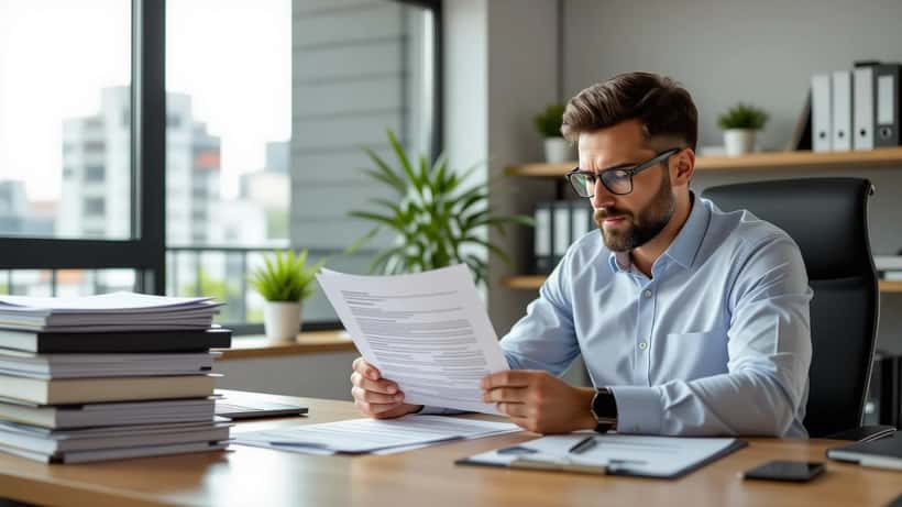 Empreendedor analisando contrato de franquia com cláusulas destacadas em escritório em São Paulo