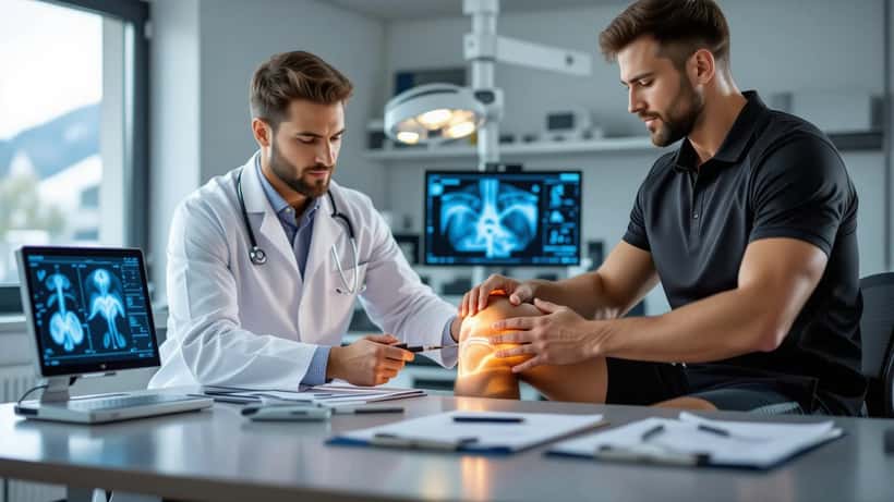 Médecin du sport examinant le genou d'un athlète lors d'une consultation