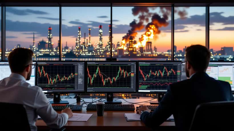 Analista financiero revisando gráficos de futuros de petróleo tras ataques ucranianos a infraestructura rusa