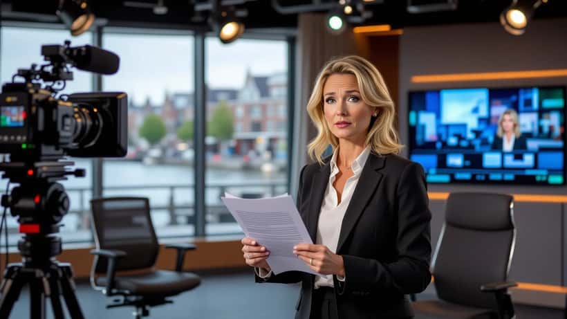 Vrouwelijke tv-presentatrice met contractdocument in een Nederlands televisiestudio
