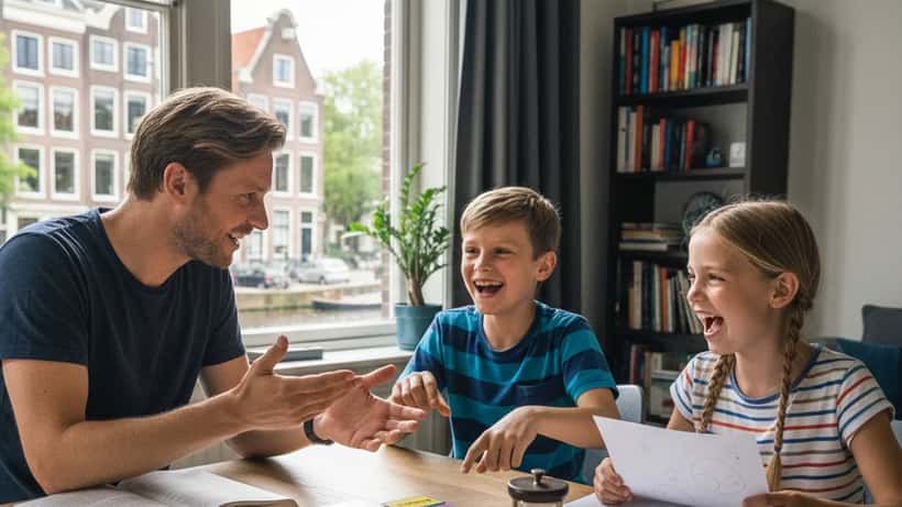 Bijlesdocent speelt leerquiz met kinderen aan tafel in Amsterdam 2026