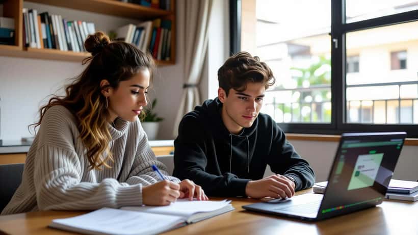 Professora particular usando laptop com interface de IA ao lado de aluno em sessão de tutoria em São Paulo