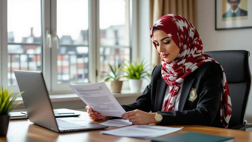 Sports solicitor reviewing FIFA eligibility documents with football shirt and dual-nationality passport on desk