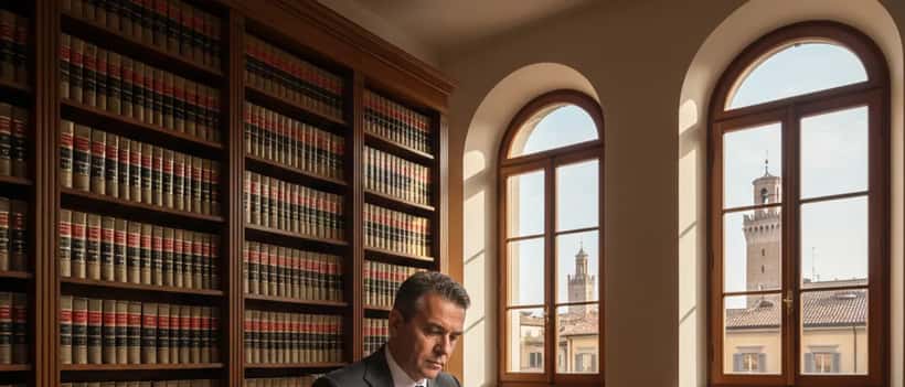 Avvocato italiano in studio legale di Bologna che esamina documenti successori