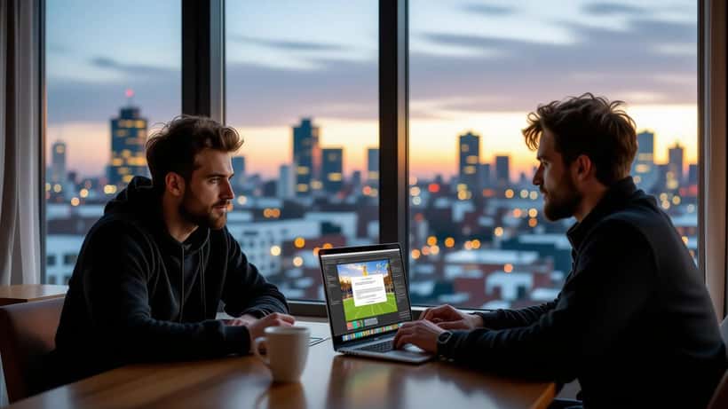 Poolse man in Rotterdam kijkt bezorgd naar laptop met malware-waarschuwing op streaming-app