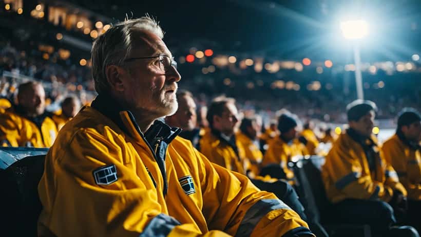 Ishockeycoach ger instruktioner till spelare på bänken under ett intensivt SHL-slutspel
