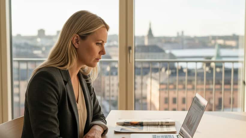 Svensk kvinna granskar ekonomidokument i lägenhet med oro över stigande priser