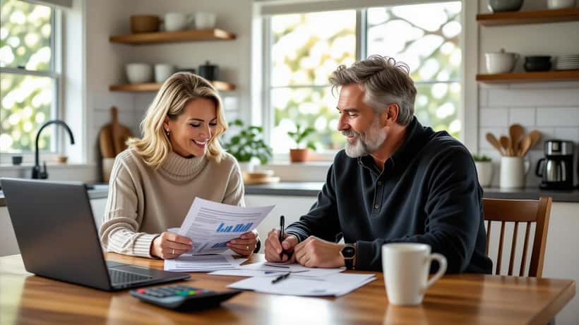 Australian couple reviewing bond statements and a yield chart at a kitchen table