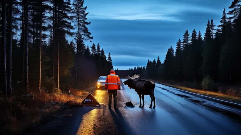 Älg korsar landsväg i skymning i Sverige under vårens vandring