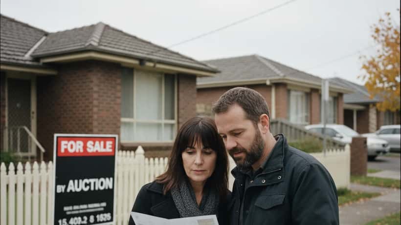 Couple examining property listing outside an Australian house for sale with auction sign