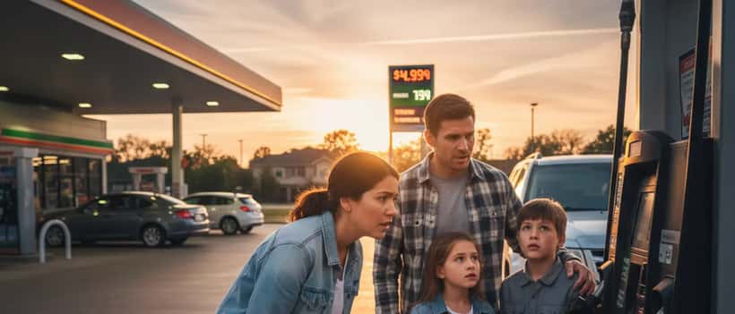Person checking rising gas prices at an American fuel station in 2026
