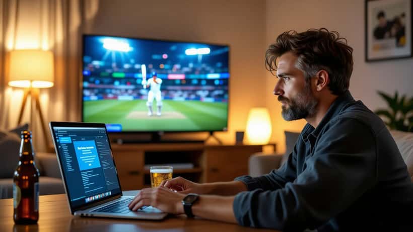Australian man staring at laptop showing cricket stream and malware security warning at night