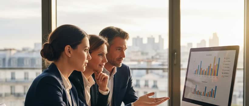 Conseiller en gestion de patrimoine présentant une stratégie d'investissement en or à un couple dans un bureau professionnel