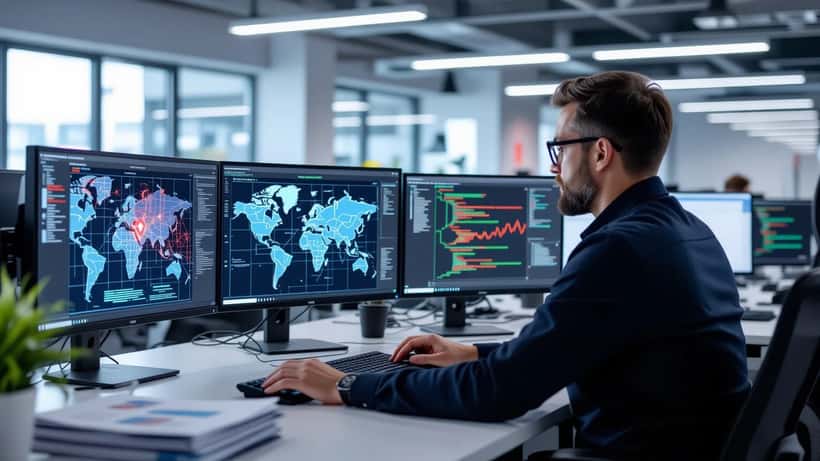 Especialista em informática a analisar alerta de ciberataque num ecrã de computador em escritório no Porto