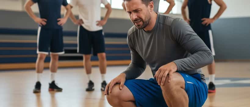 Deutscher Hobbysportler hält sein Knie auf einem Basketballfeld in einer Sporthalle