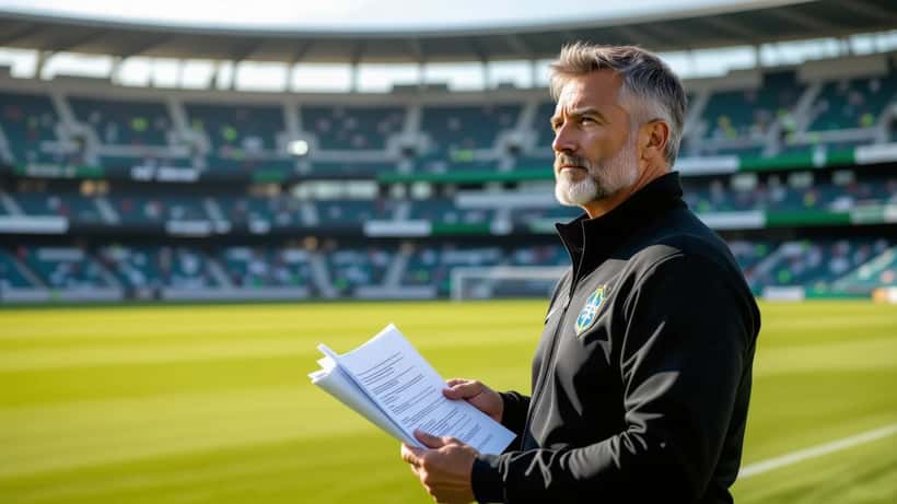 Técnico brasileiro ao lado do campo segurando contrato de trabalho em estádio de São Paulo