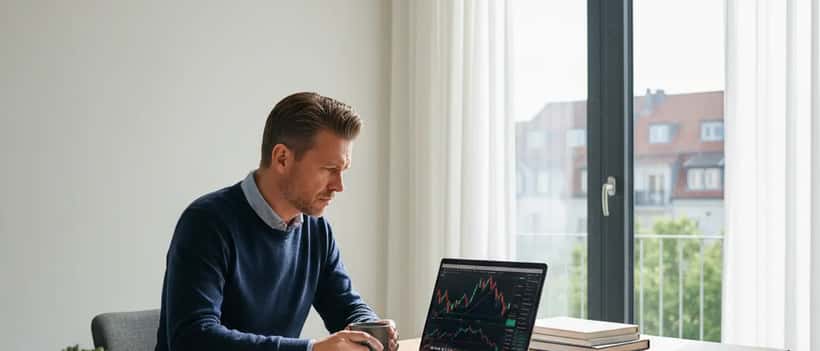 Deutscher Investor überprüft sein Aktienportfolio auf einem Laptop im Homeoffice mit besorgtem Gesichtsausdruck