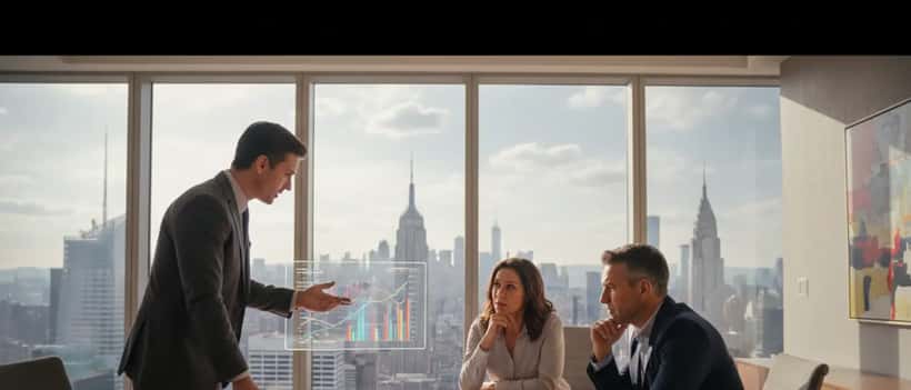 American wealth management adviser showing investment portfolio charts to concerned clients in New York office