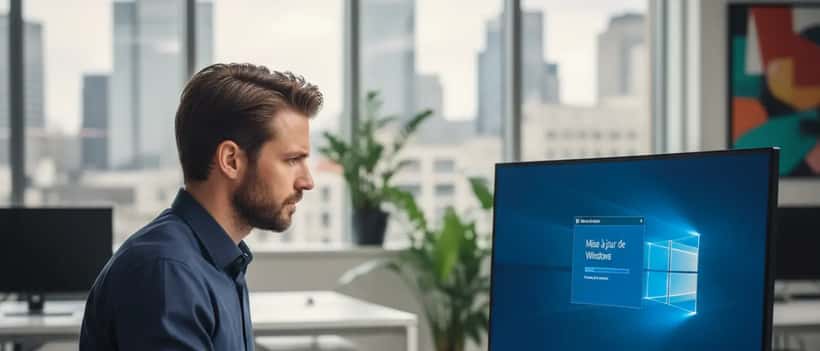 Expert informatique français travaillant sur un ordinateur de bureau avec mise à jour Windows 11