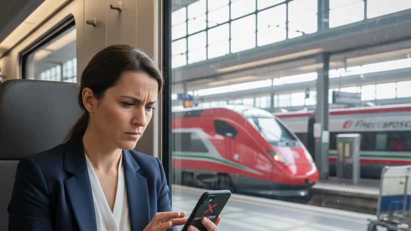 Femme dans un train à la gare de Marseille regardant une notification d'annulation sur son téléphone