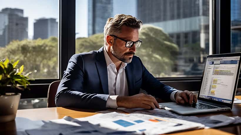Australian financial adviser reviewing economic charts and investment portfolio in Sydney office