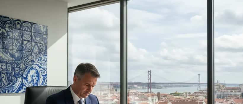 Advogado português a rever documentos jurídicos num escritório moderno em Lisboa