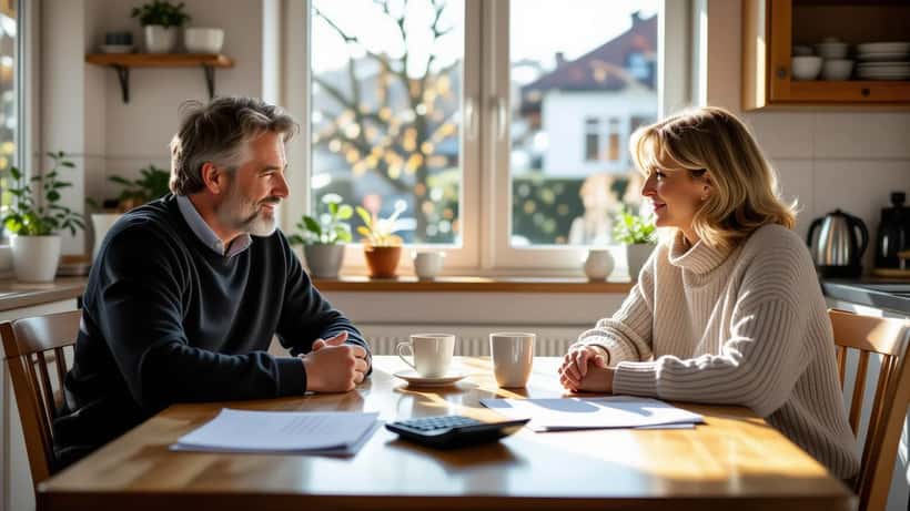 Paar sitzt getrennt am Küchentisch mit Scheidungsunterlagen