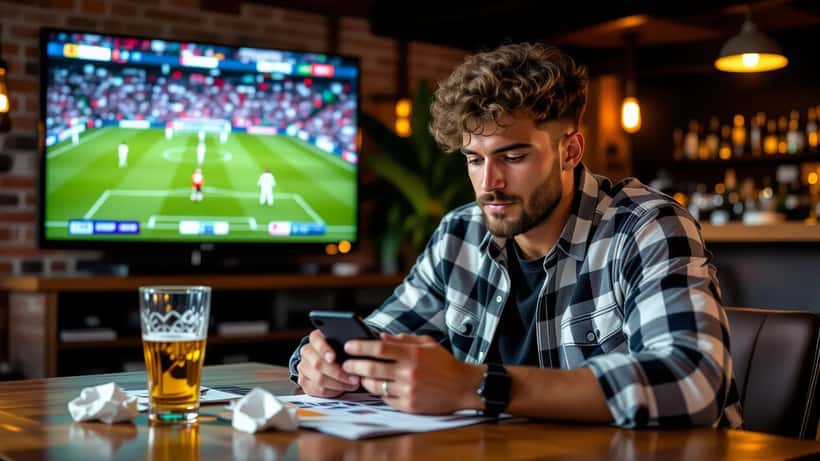 Pessoa verificando apostas esportivas em smartphone com jogo de futebol europeu no fundo