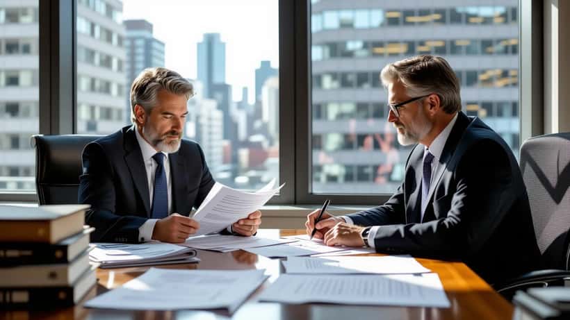 Toronto lawyer reviewing music royalty agreements and estate documents on office desk